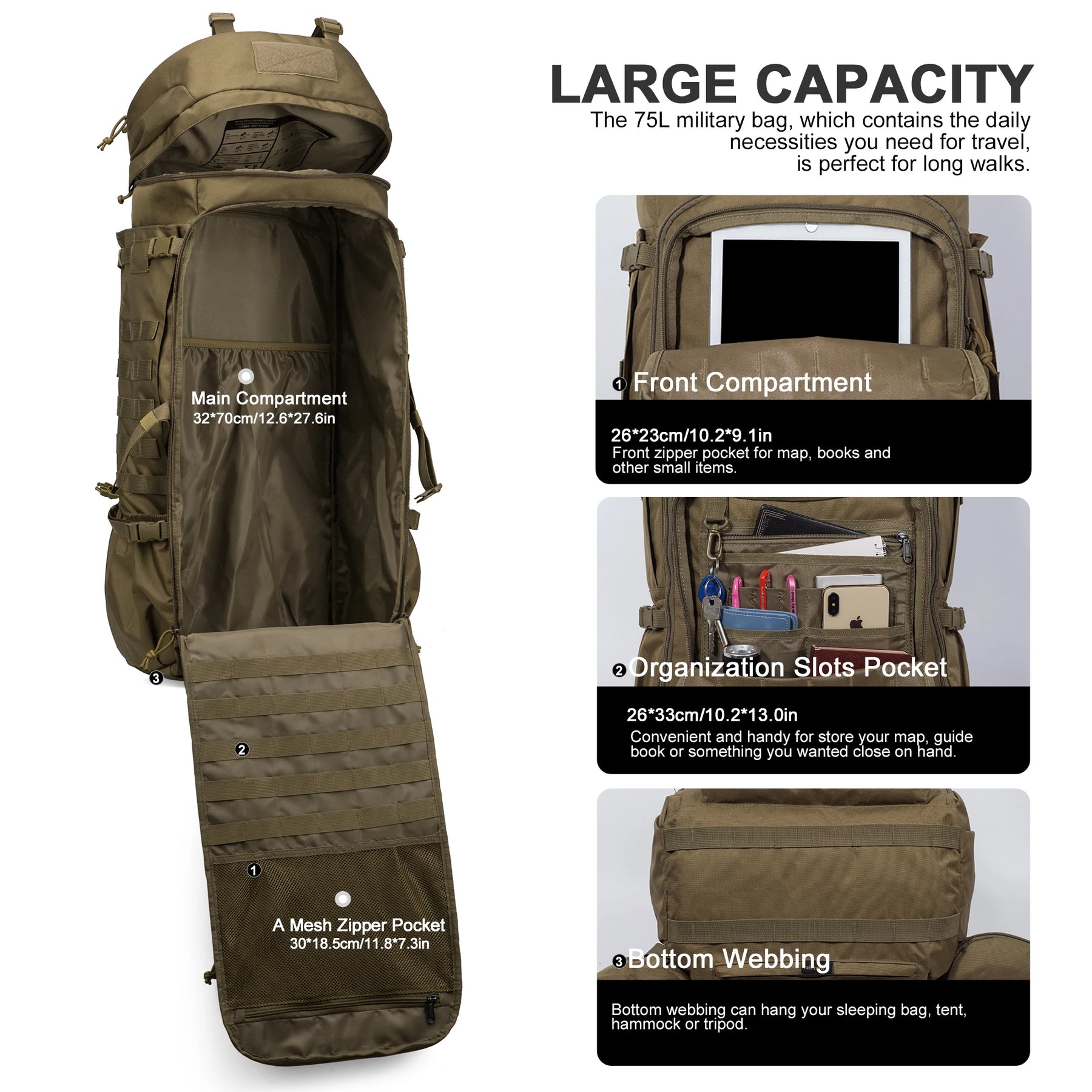 Expedition Pro 75L: Tactical Backpack with Internal Frame for Military