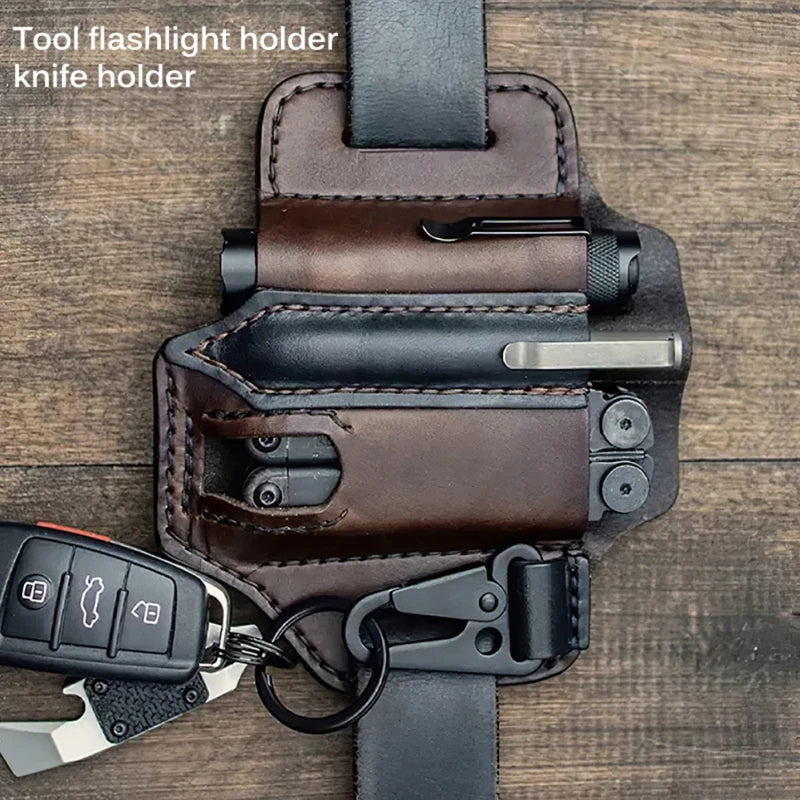 Leather EDC Sheath with Key Holder & Flashlight Slot for Multitool