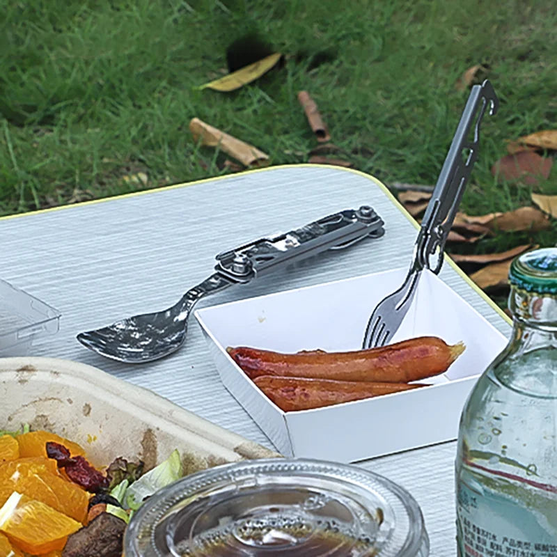 Utensílios de mesa ao ar livre multi-função portátil faca garfo colher abridor de garrafa talheres dobráveis ​​equipamento de acampamento