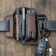 Leather EDC Sheath with Key Holder & Flashlight Slot for Multitool