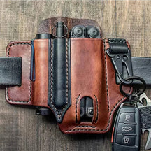 Leather EDC Sheath with Key Holder & Flashlight Slot for Multitool