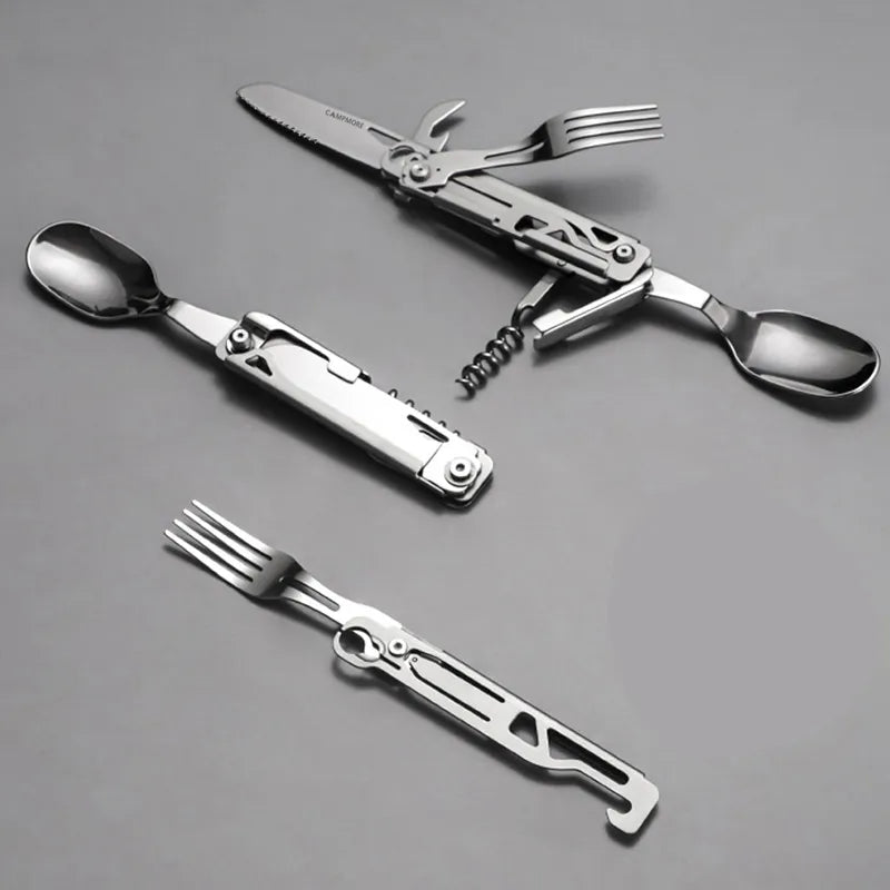 Compact 5-in-1 Camping Cutlery Set: Knife, Fork, Spoon, Bottle Opener