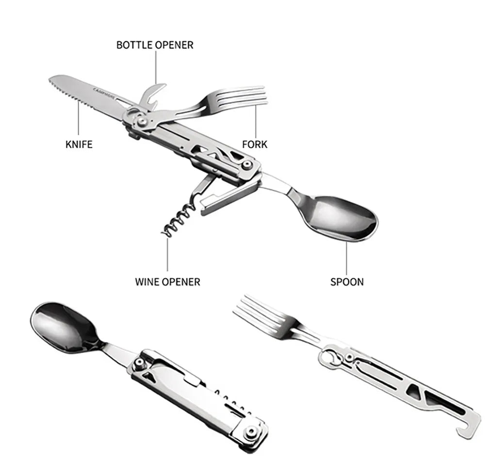 Compact 5-in-1 Camping Cutlery Set: Knife, Fork, Spoon, Bottle Opener