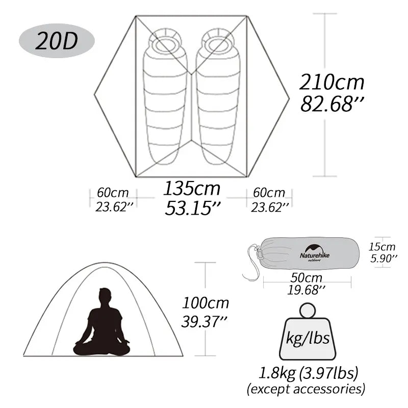 Naturehike Mongar 2 Ultralight Backpacking Tent - 2 Person, 20D Waterproof