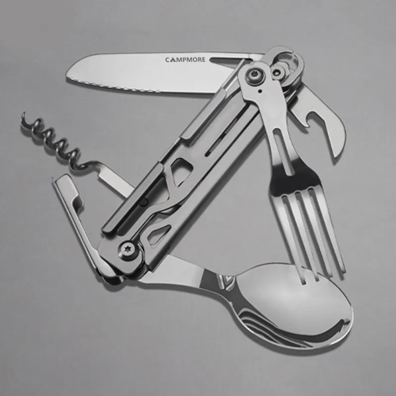 Compact 5-in-1 Camping Cutlery Set: Knife, Fork, Spoon, Bottle Opener