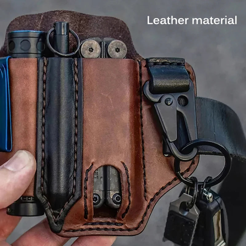 Leather EDC Sheath with Key Holder & Flashlight Slot for Multitool