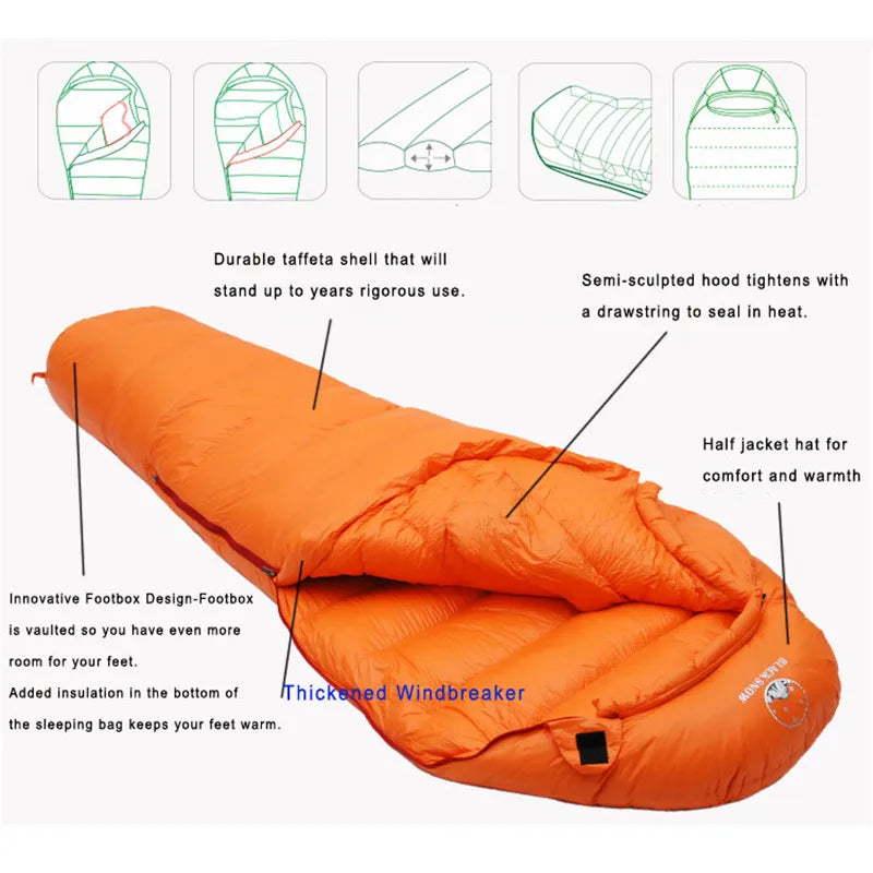 Ultra-Warm White Goose Down Adult Mummy Sleeping Bag - Winter Fit, 4 Thickness Options